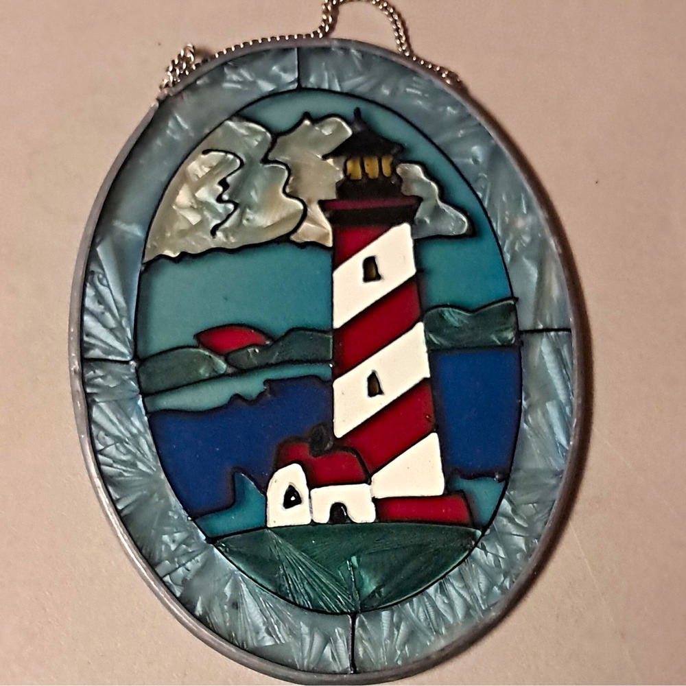 Lighthouse Nautical Ocean Stained Glass Suncatcher Ready to Hang 7x6 in